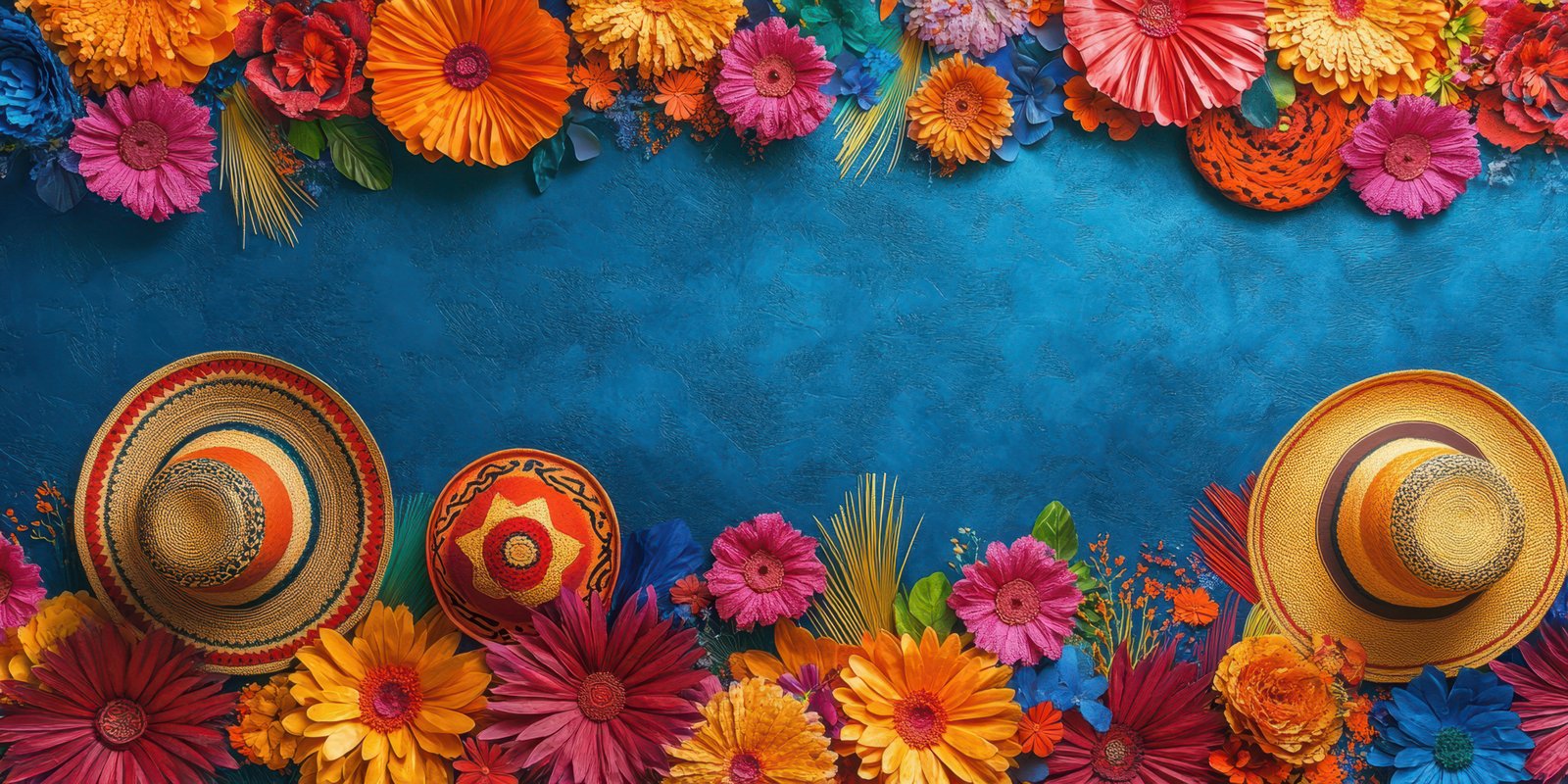 Colorful floral arrangement and sombreros create a festive atmosphere for celebrations and events